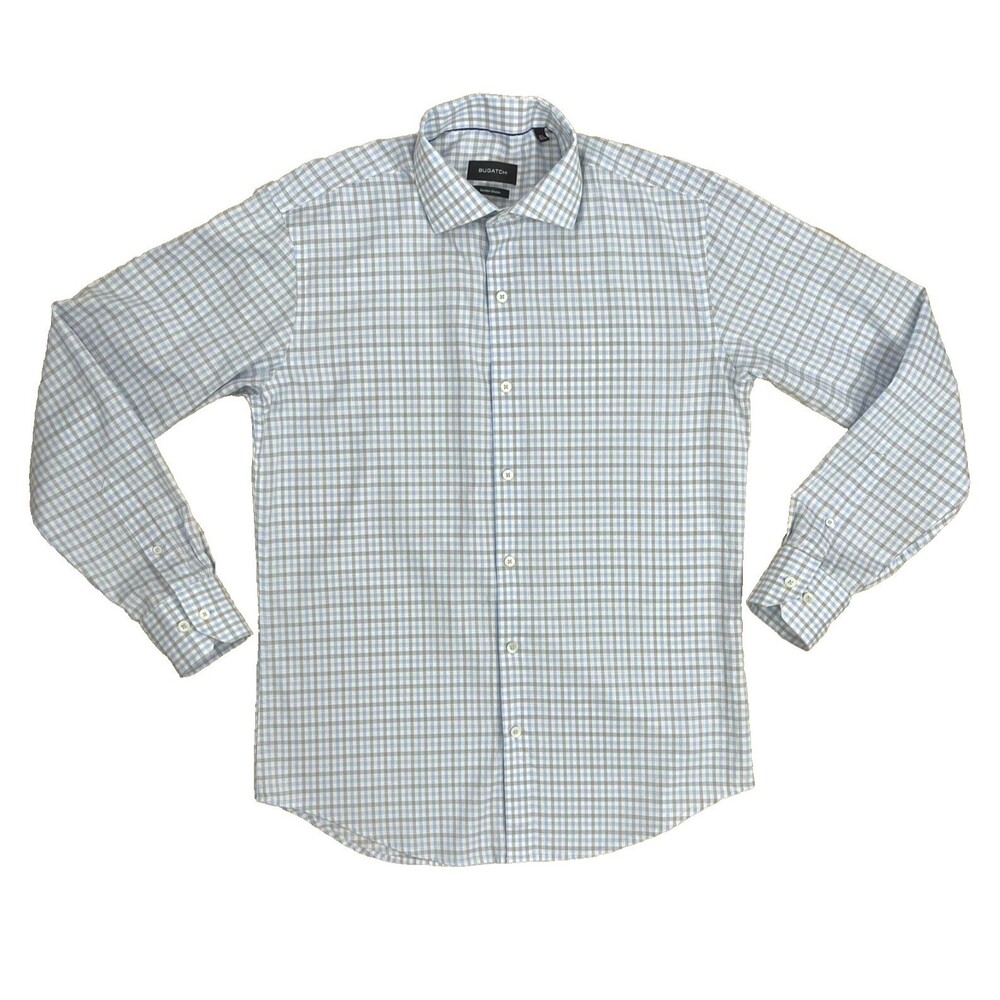 Bugatchi Shirt Mens Medium Blue Plaid Performance Long Sleeve Button Up Stretch